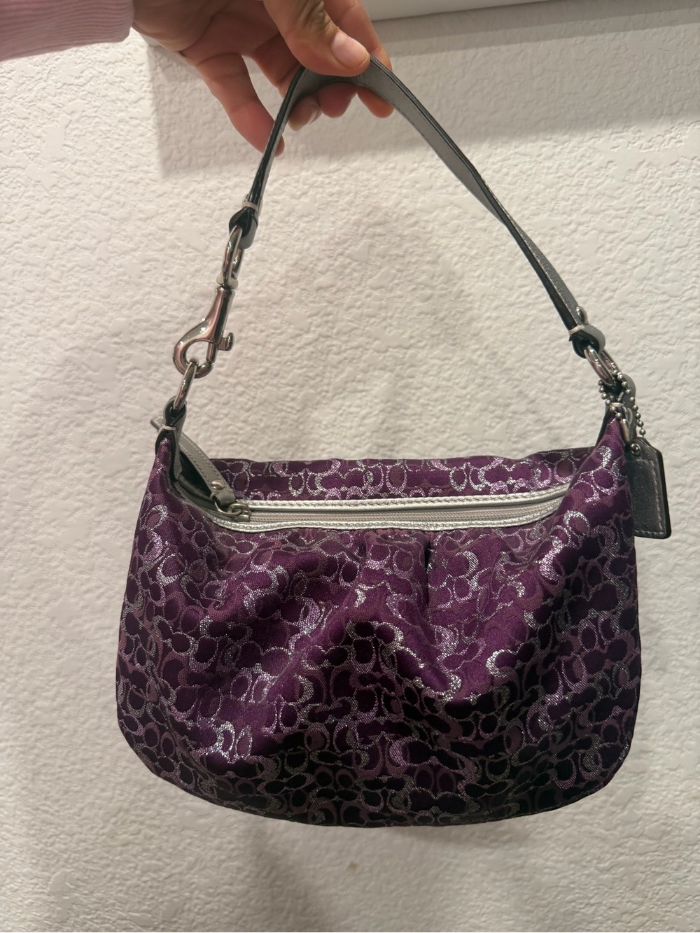Coach Purple Jacquard Shoulder Bag with Gray Leather Strap